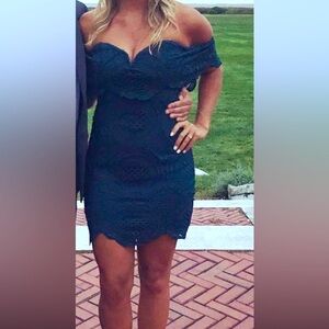 Bellissimo Teal Blue Lace Off-the-Shoulder Bodycon Dress